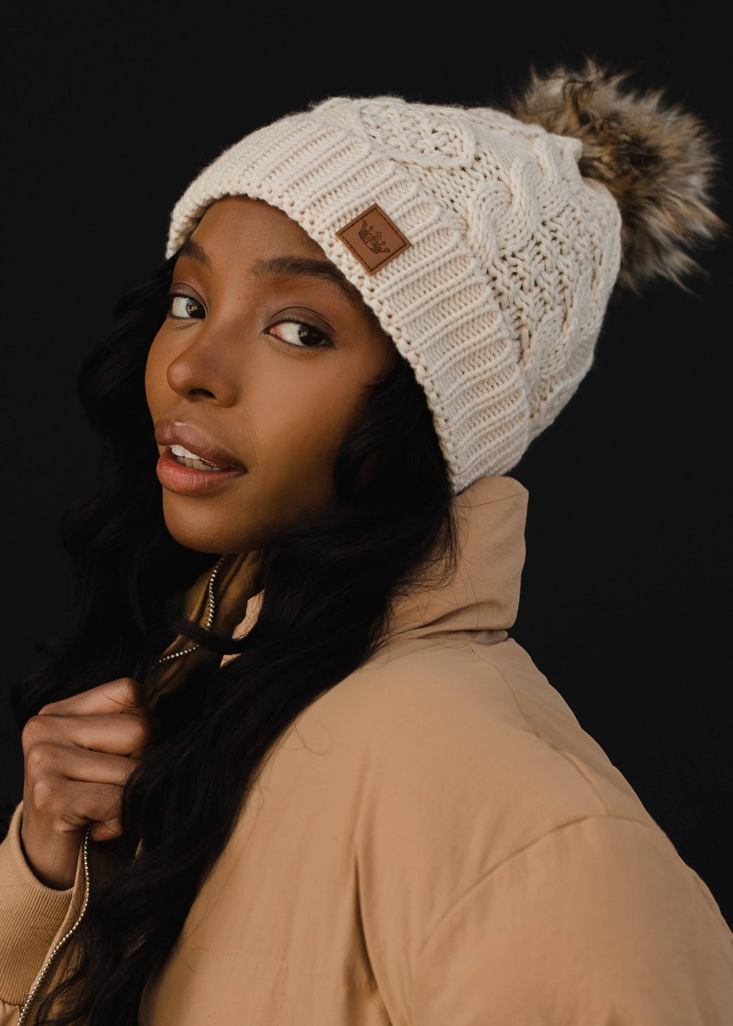 Beige Cable Knit w/ Natural Pom Hat